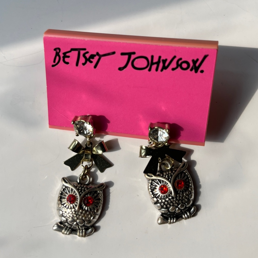 Betsey Johnson Silver Owl Earrings with Red Eyes